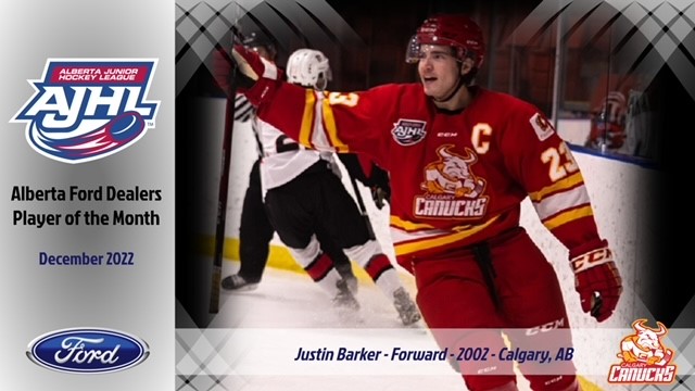 Calgary Canucks Captain Justin Barker Named Alberta Ford Dealers AJHL Player of the Month